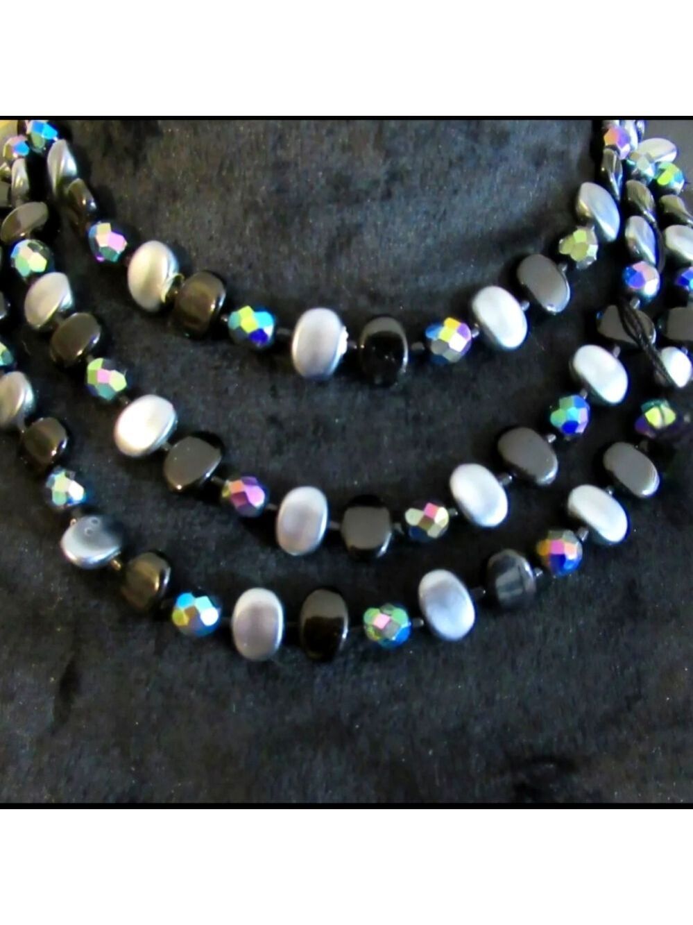 Vtg W Germany Metalic Blue Purple Black Beaded Double Strand Choker Necklace 13"